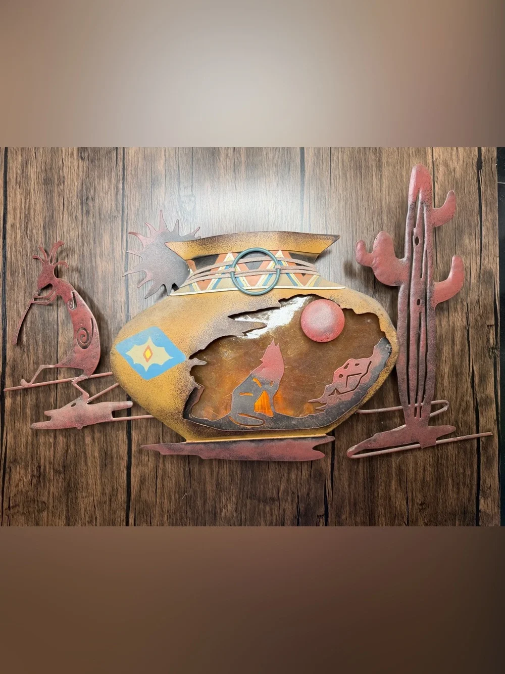 Vintage Southwestern Metal Wall Art - Desert Scene in Rust, Yellow, Blue